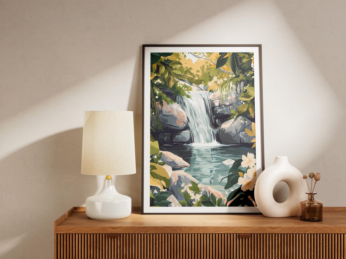 Tropical Jungle Waterfall with White Flowers and Grey Rocks Poster - Image 5