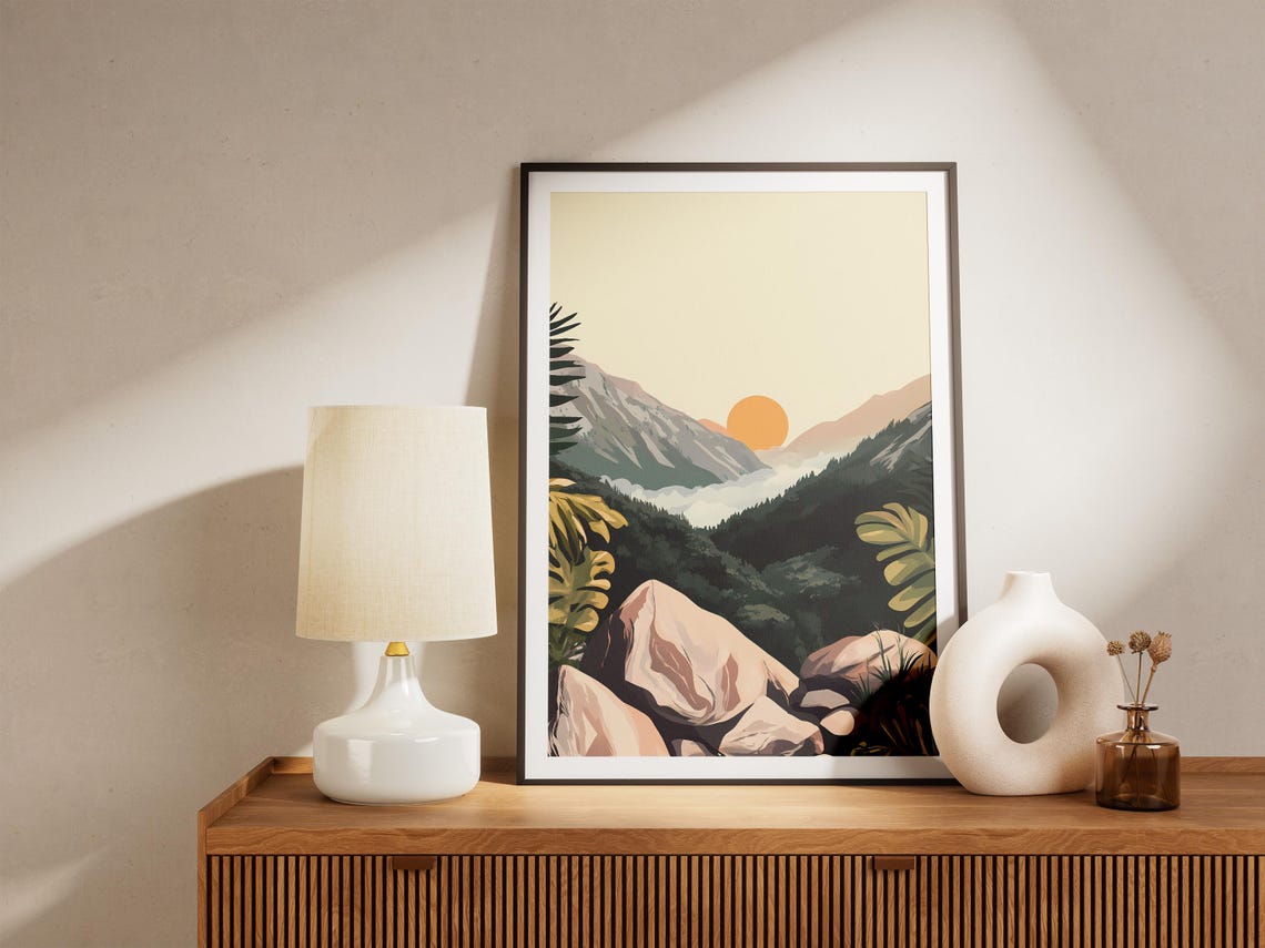 Golden Sunrise Misty Mountain Valley Pine Forest Illustration Poster - Image 5