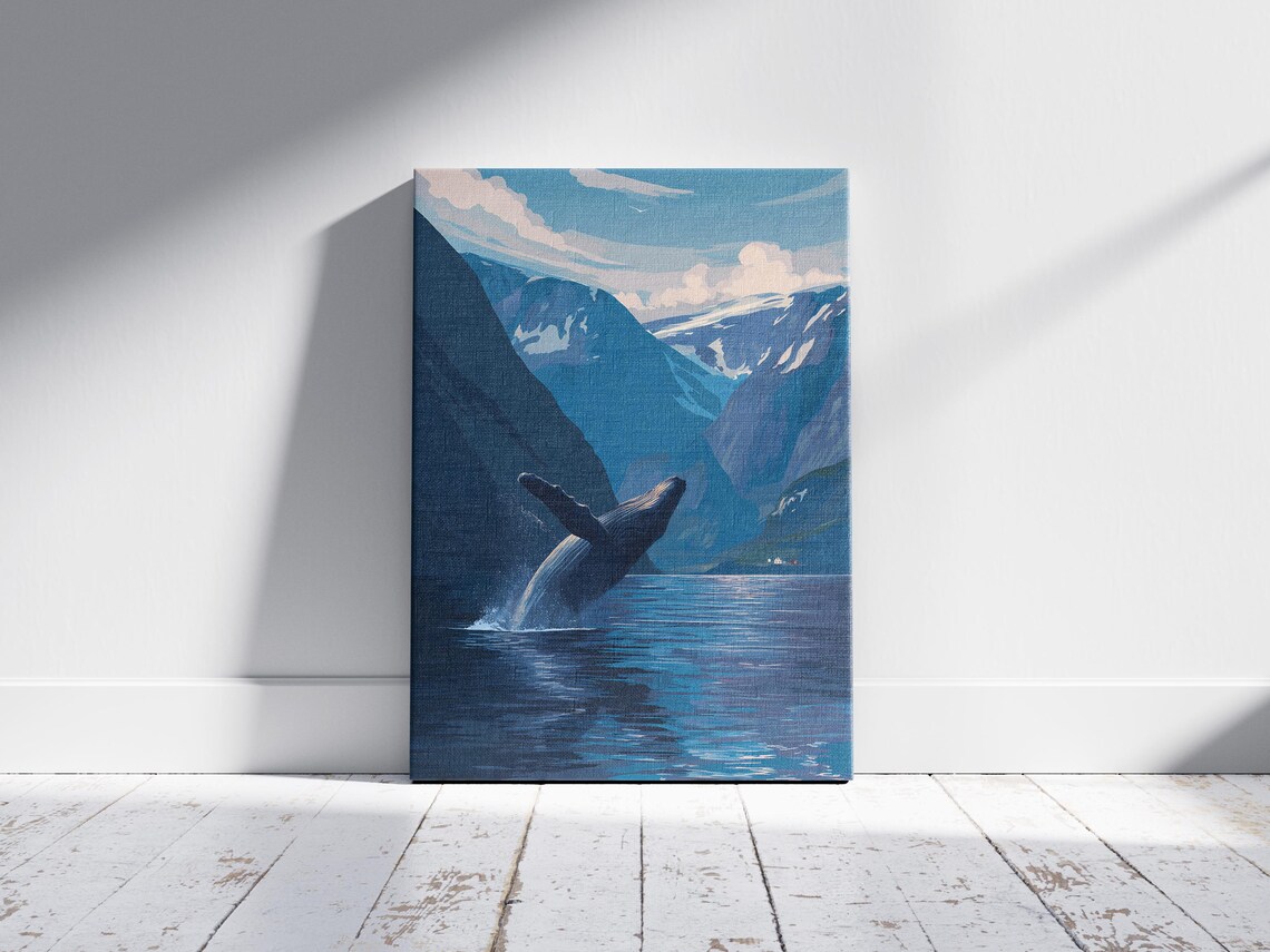 Whale Breaching in Blue Fjord Snowy Mountains Travel Art Poster - Image 2