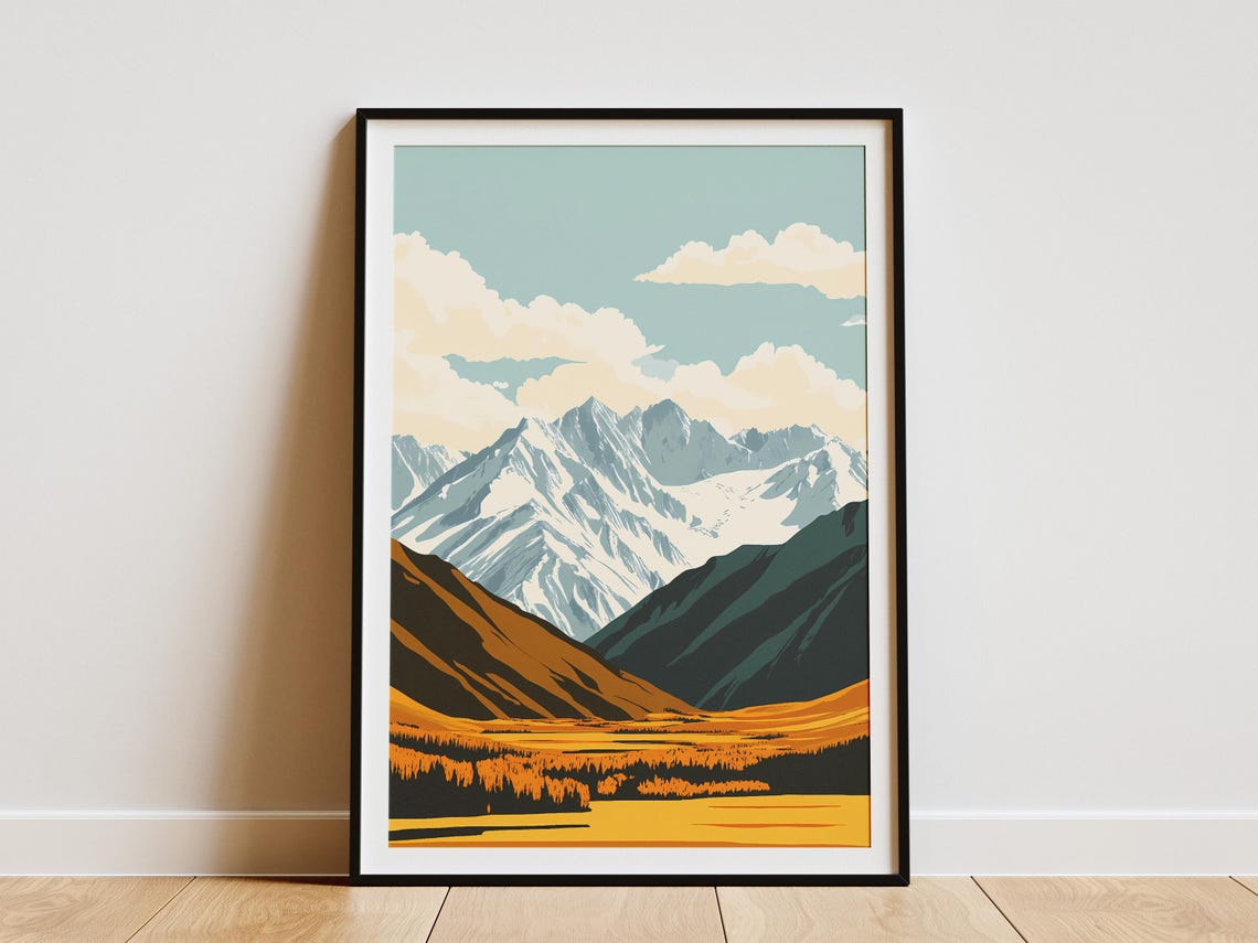 Snowcapped Peaks Golden Valley Clouds Alpine Landscape Poster