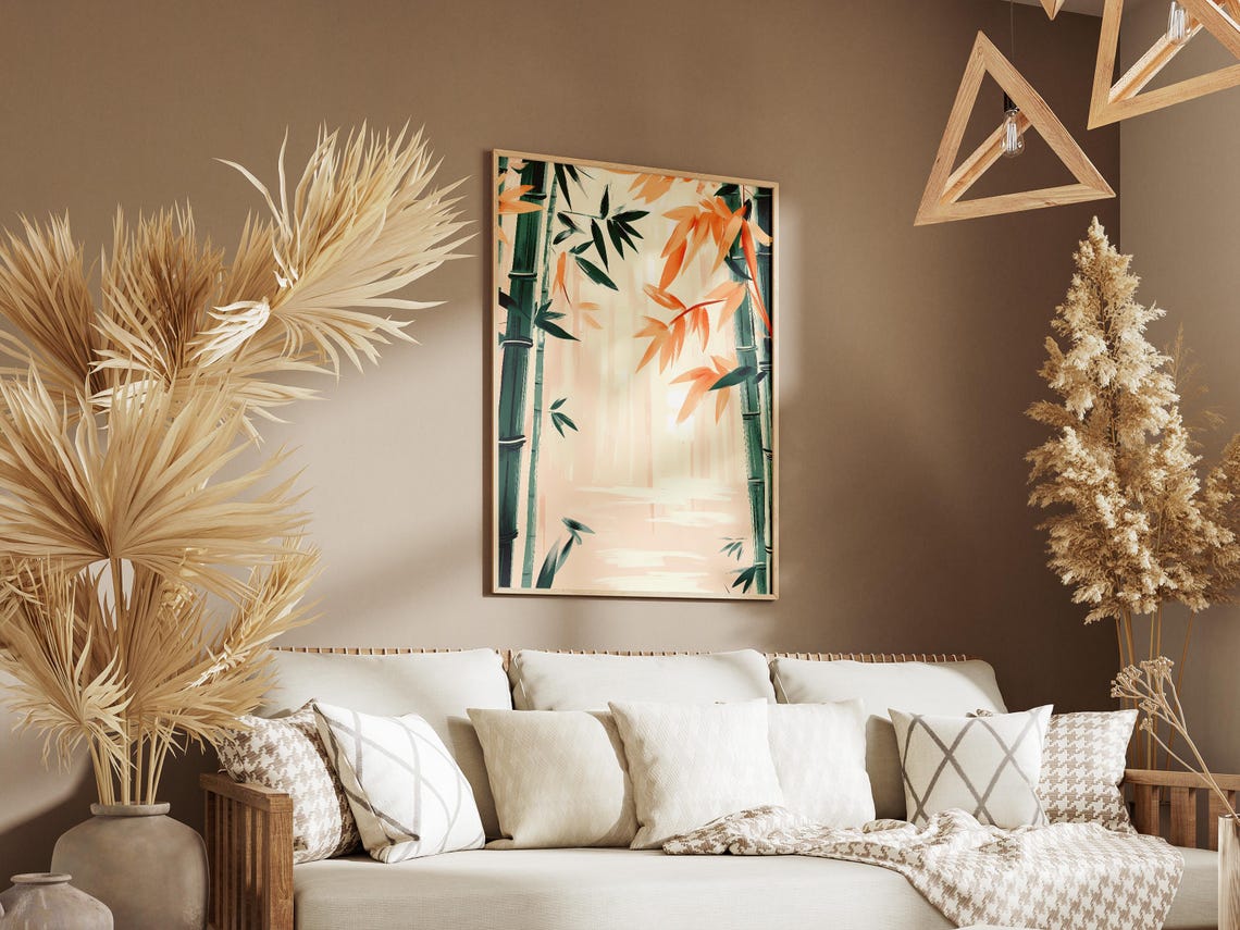 Misty Bamboo Grove With Peach Autumn Leaves Zen Garden Poster - Image 3