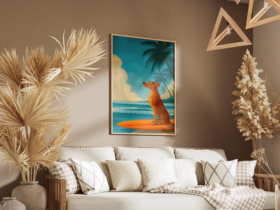 Surfer Dog Sunglasses Orange Surfboard Beach Tropical Art Poster - Image 3