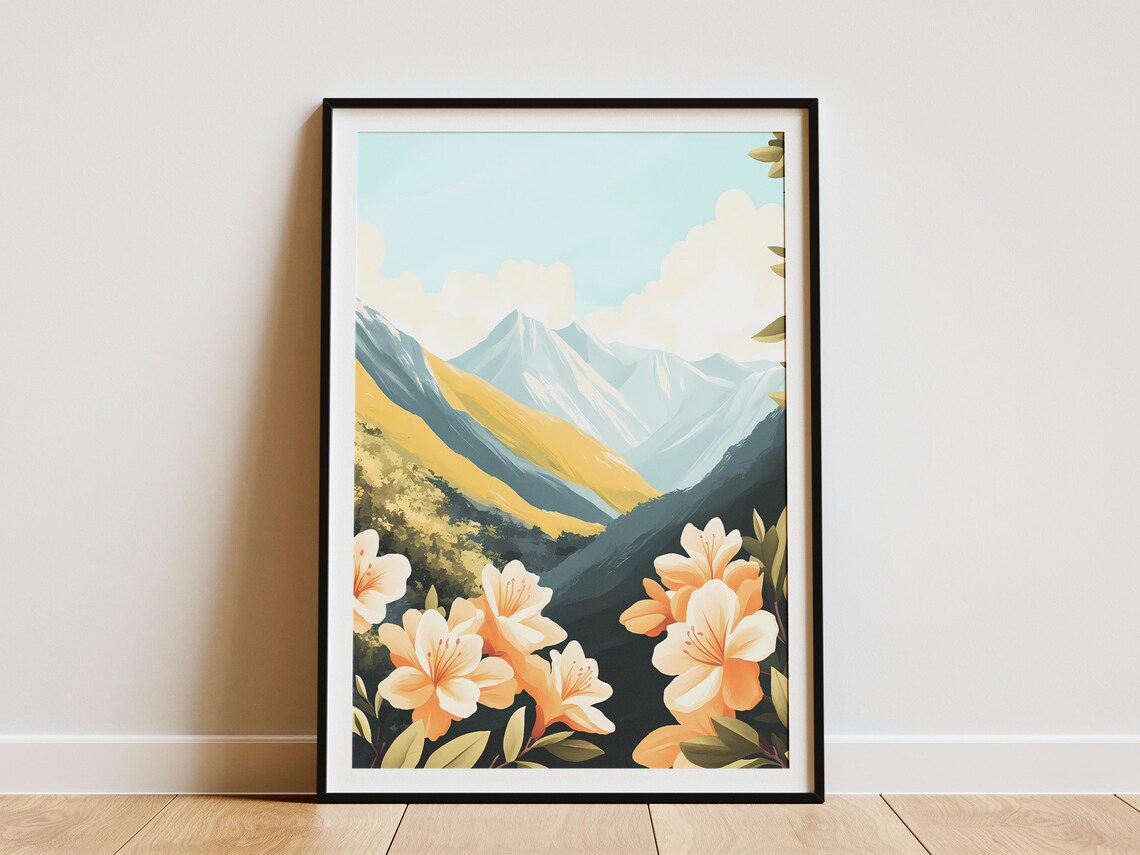 Peach Azalea Blossoms Blooming Before Snowy Mountain Peaks Poster