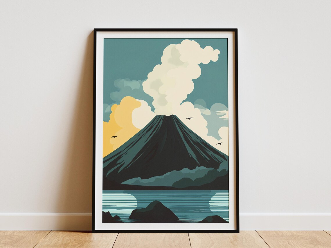 Krakatau Volcano Indonesia Flat Illustration Art Print Poster Vintage Travel Poster Indonesian Landscape Nature Wall Art Southeast Asia