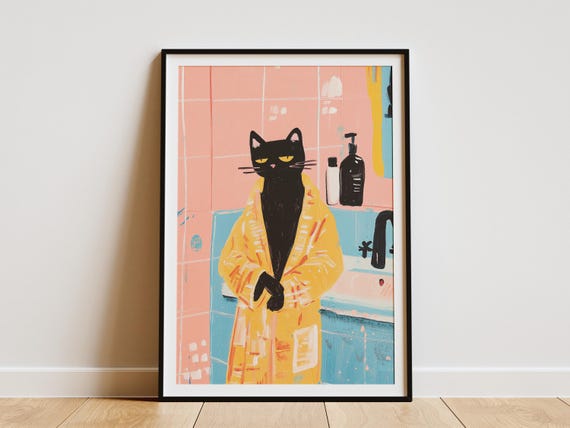 Siamese Cat Bathrobe Bathroom Poster Funny Print Quirky Art Lover Gift Modern Home Decor Wall