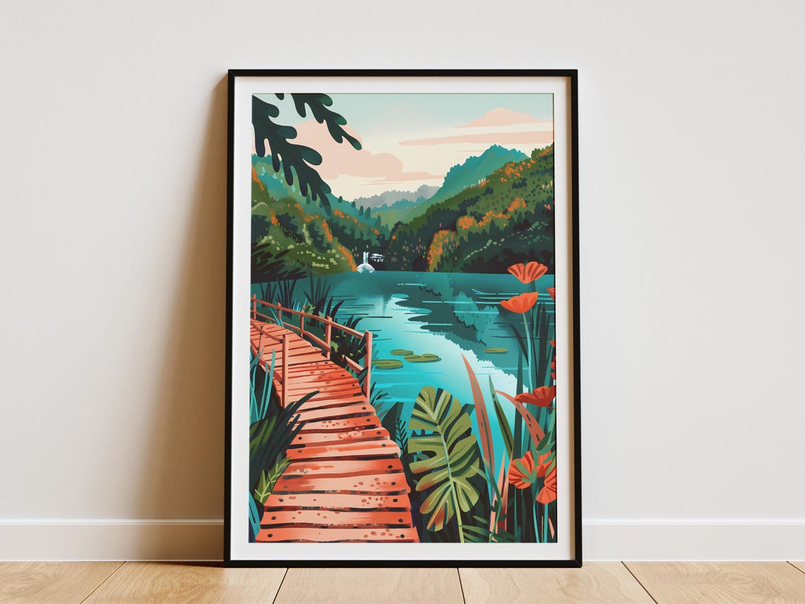 Plitvice Lakes Croatia Boardwalk Waterfall Minimalist Travel Poster