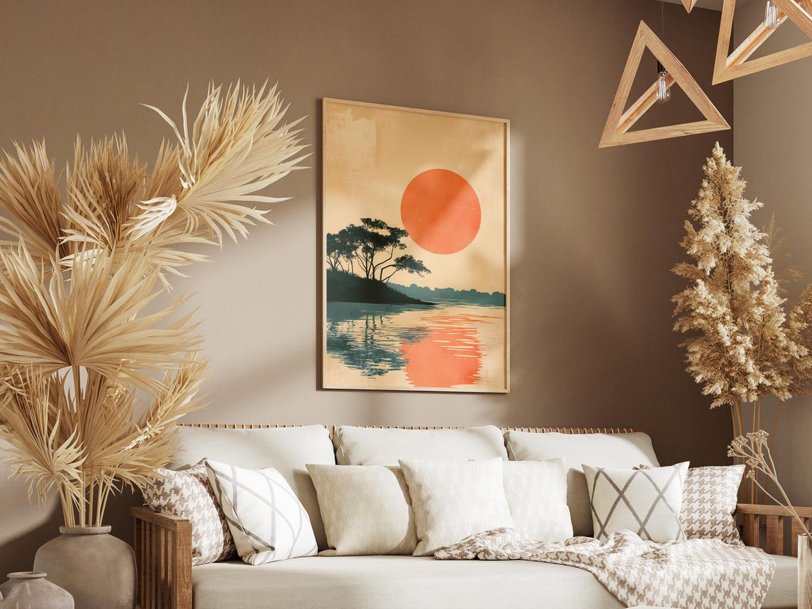 Japanese Sunset Over Water Minimalist Orange Sun Reflection Poster - Image 3