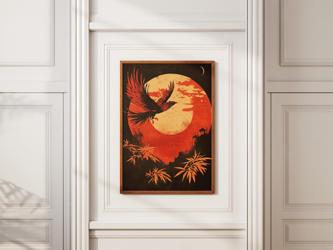 Phoenix Soaring Before Giant Red Sun Japanese Style Art Poster - Image 2
