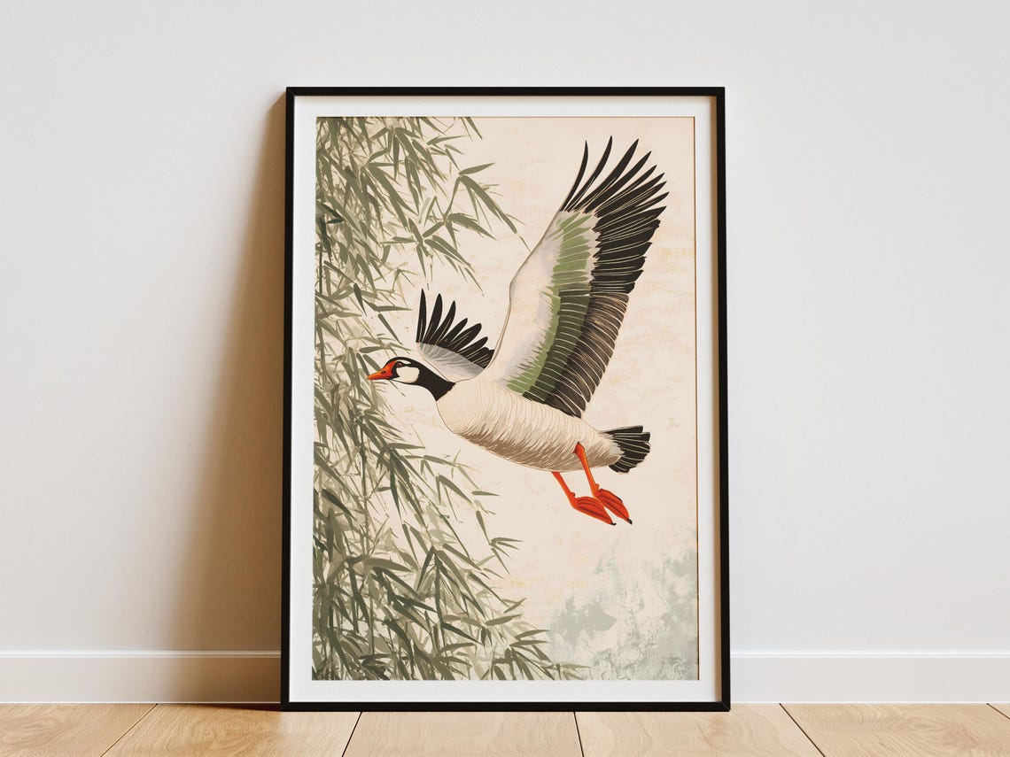 Wild Goose In Flight Beside Bamboo Asian Painting Bird Poster