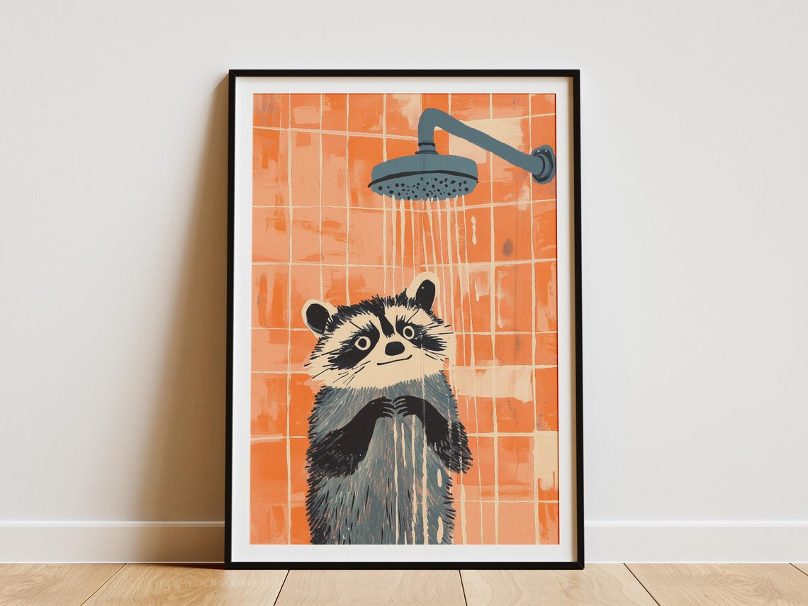 Funny Raccoon Taking a Shower Retro Orange Tile Bathroom Poster