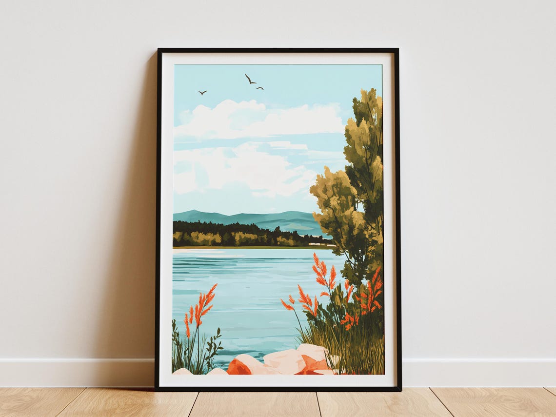 Lakeside Meadow With Red Grasses And Soaring Birds Landscape Poster