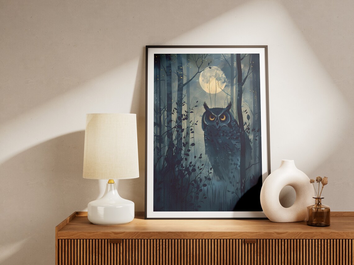 Great Horned Owl Moonlit Dark Night Forest Wildlife Nature Poster - Image 2