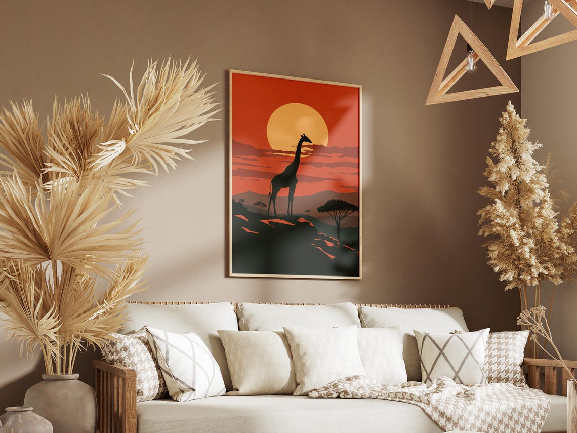 African Safari Sunset Giraffe Silhouette with Orange Sun Poster - Image 3