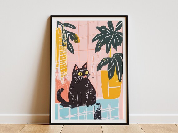 Black Cat Sitting in Colorful Bathroom Monstera Plant Poster