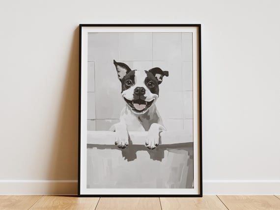 Staffordshire Terrier Art Print Dog In Bathtub Poster Funny Bathroom Wall Animal Lover Gift Pet Portrait Bubble Bath