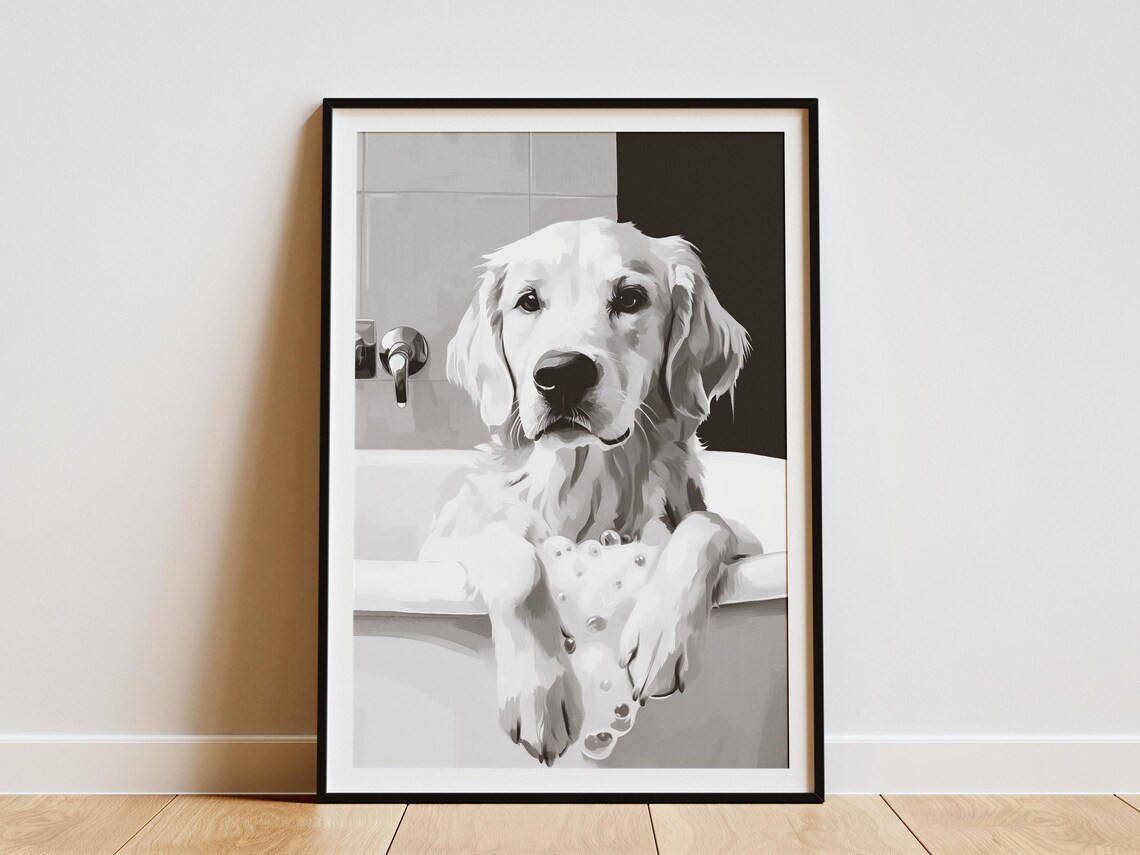 Golden Retriever In A Bubble Bath Black And White Art Poster