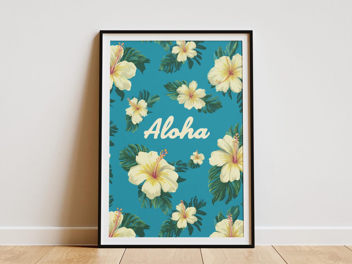 Aloha Hawaiian Hibiscus Floral Pattern On Turquoise Blue Poster