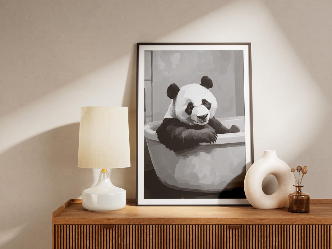 Panda Bear Bathtub Print Minimalist Bathroom Art Wall Funny Animal Poster Black And White Lover Gift - Image 4