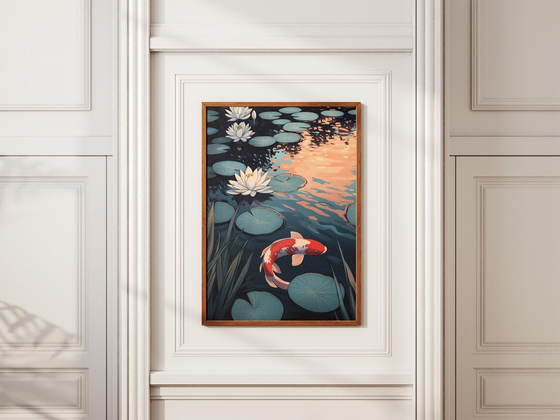 Red Koi Fish and Lotus Flowers Pond Japanese Sunset Art Poster - Image 2