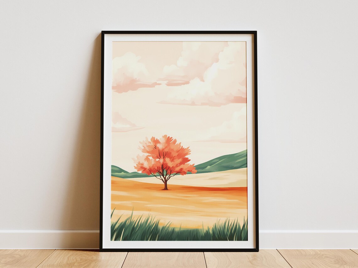 Solitary Orange Blossom Tree In Golden Field Landscape Poster