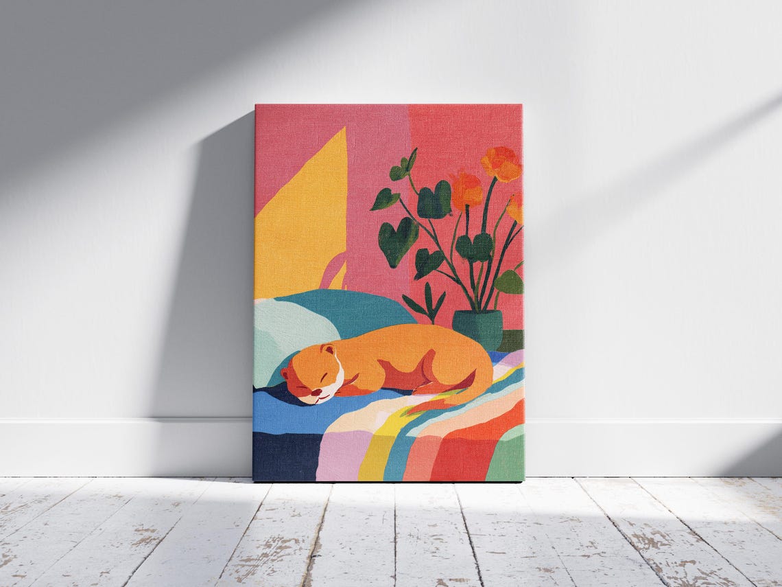 Sleeping Otter on Colorful Bed Pink Flowers Matisse Art Poster - Image 2