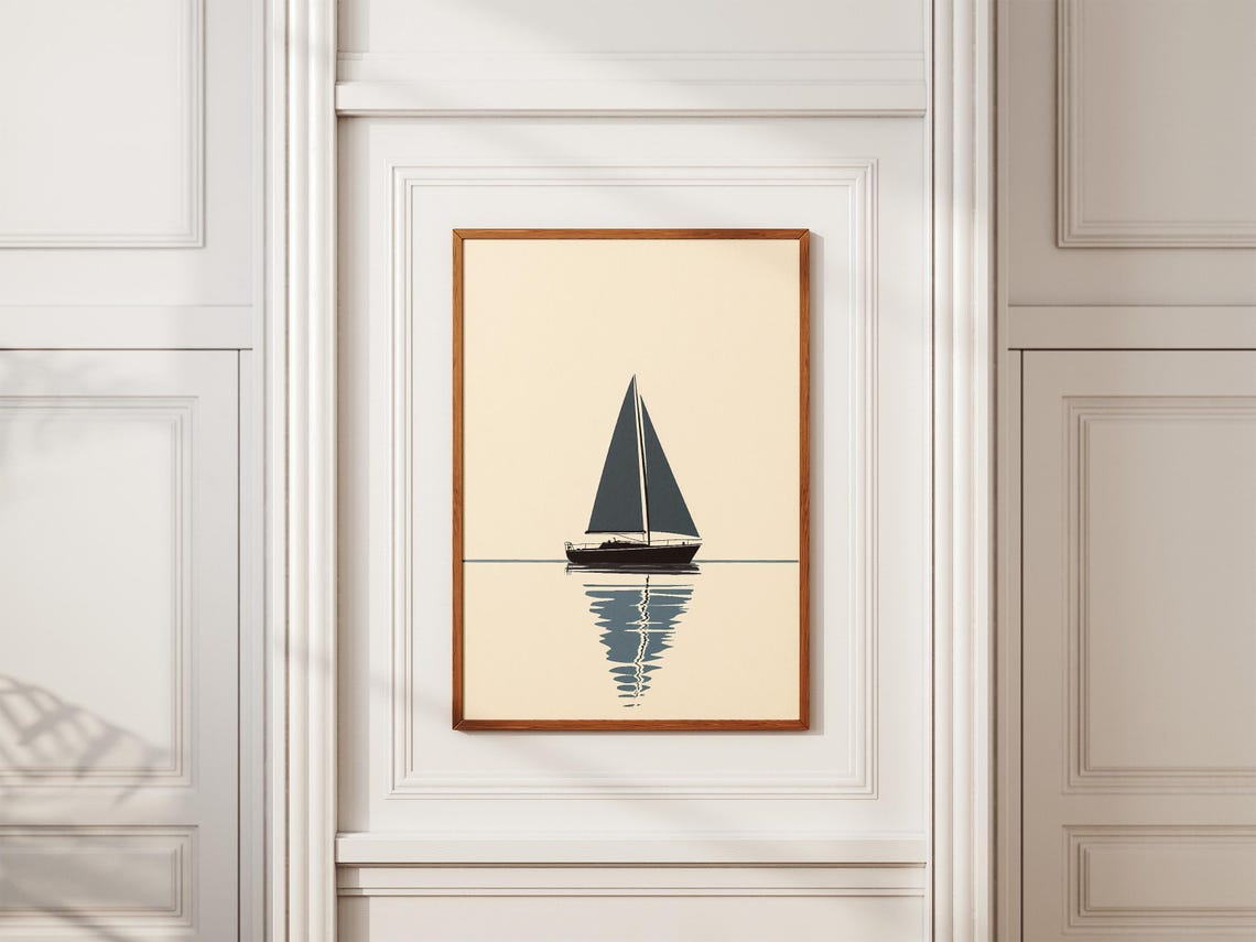 Minimalist Navy Sailboat on Calm Water Poster in Beige Tones - Image 2