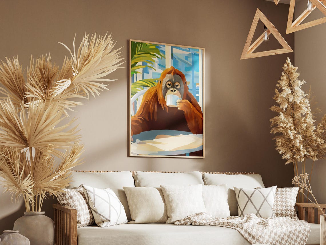 Calm Orangutan Sipping Coffee at a Tropical Cafe Table Poster - Image 3