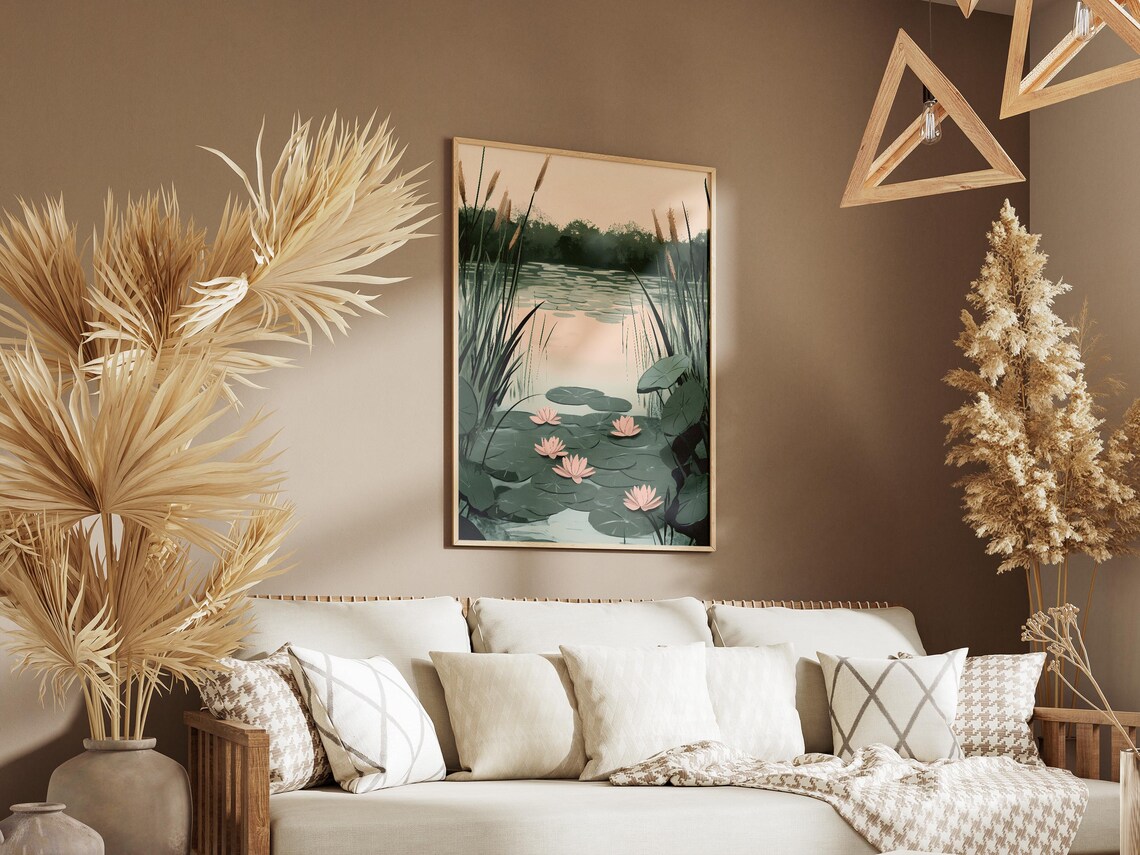 Water Lily Pond Pink Blooms Lily Pads Reeds Calm Lake Poster - Image 3