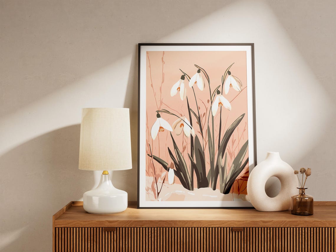White Snowdrop Blooms Against a Soft Peach Minimalist Backdrop Poster - Image 5