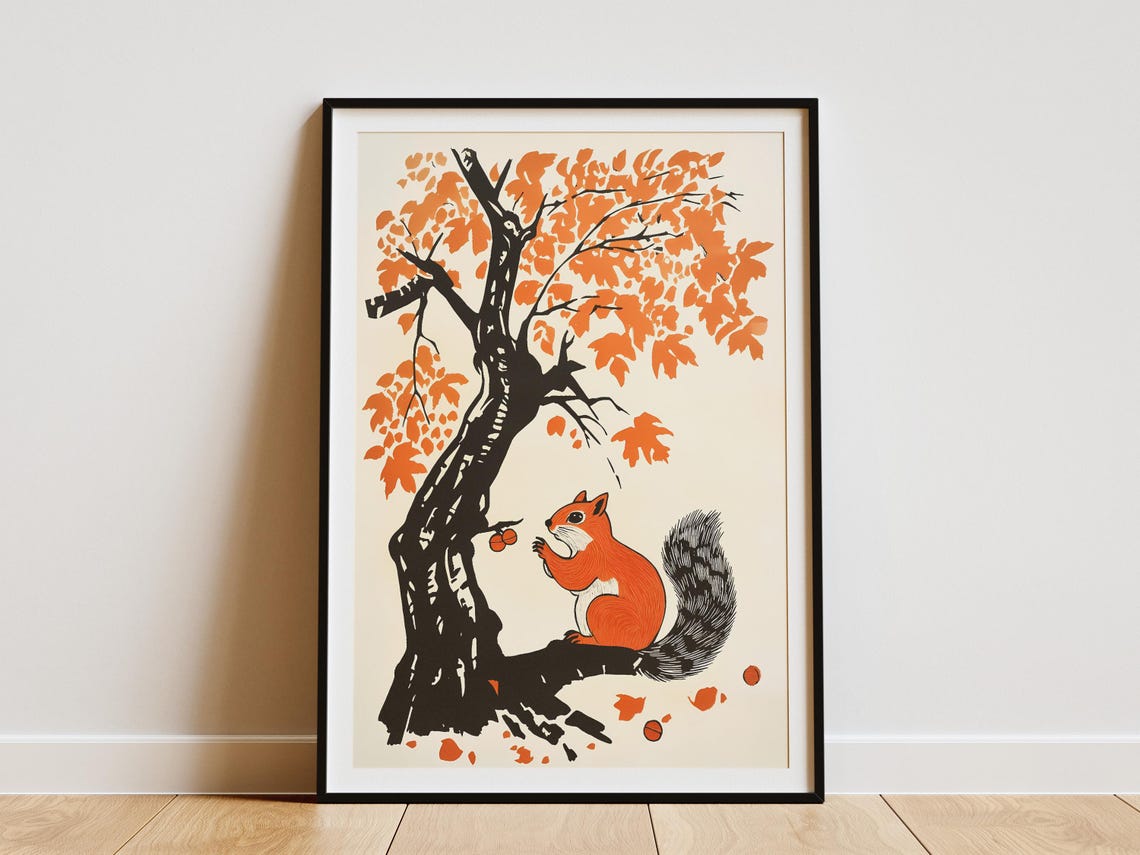 Red Squirrel With Acorns Under Orange Maple Tree Nature Poster
