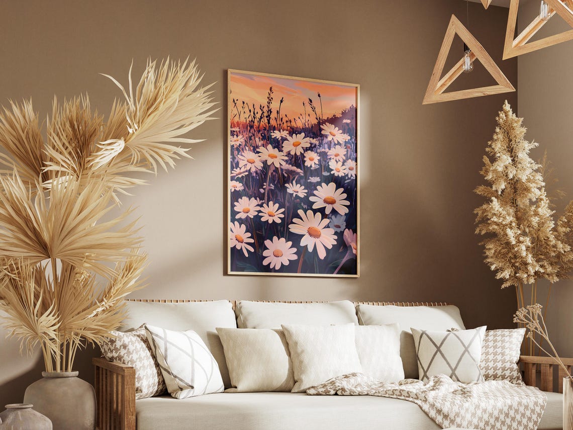 White Daisies at Twilight Beneath a Pink Sunset Sky Art Poster - Image 3