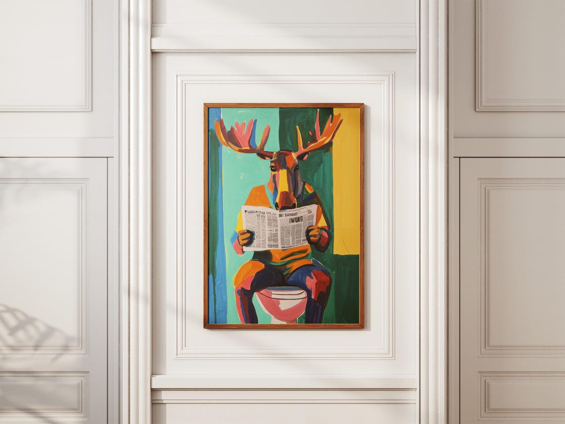 Colorful Moose Reading Newspaper On Toilet Whimsical Bathroom Poster - Image 2