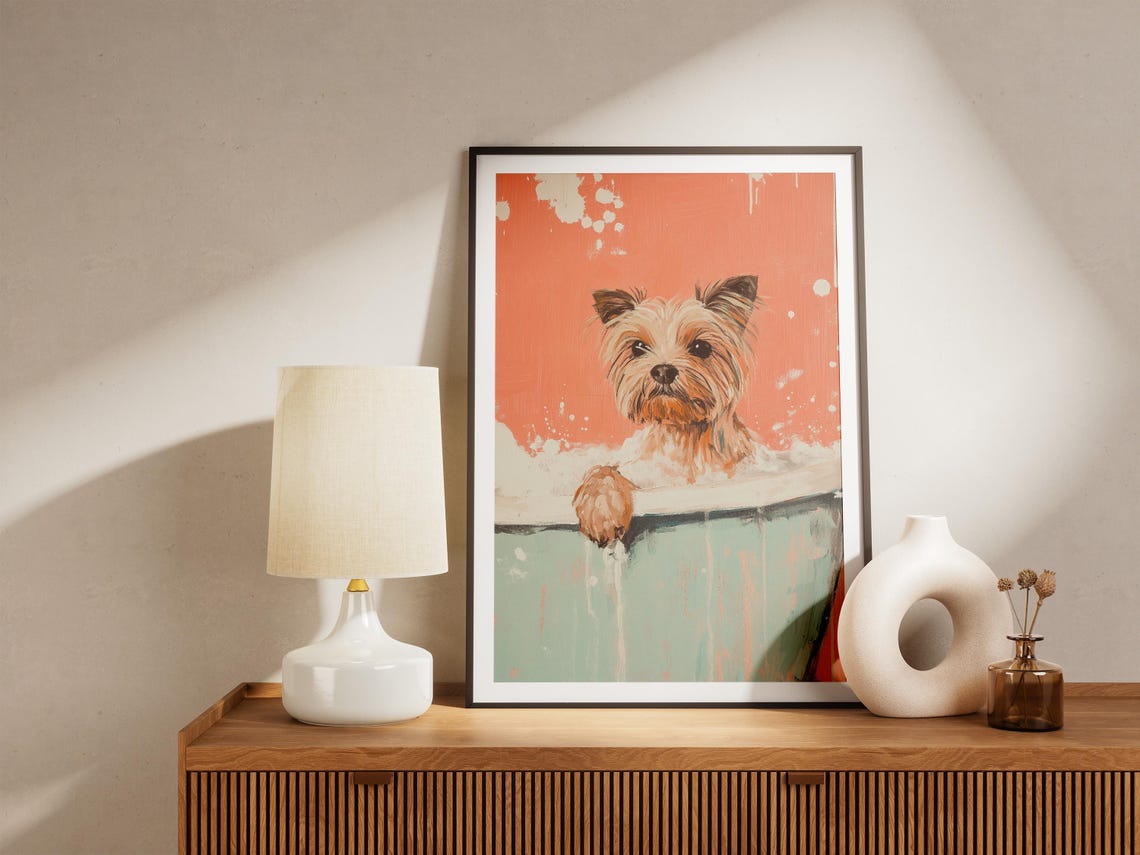Scruffy Yorkie in Mint Tub Coral Splatter Fun Dog Art Poster - Image 4
