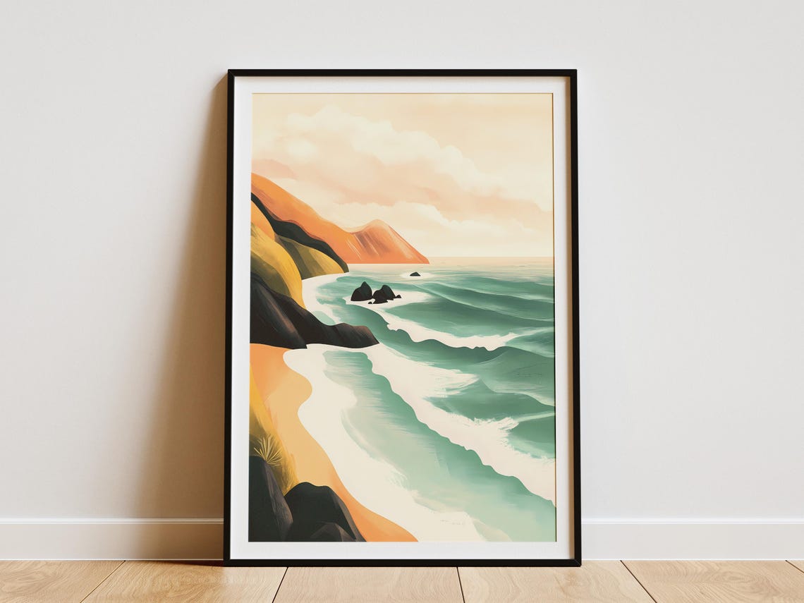 Teal Coastal Waves Rolling Onto a Sandy Beach Beneath Cliffs Poster