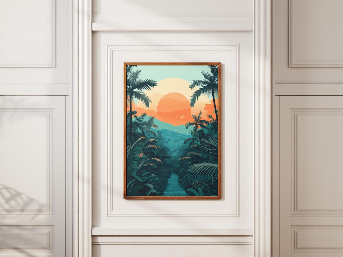 Tropical Jungle River Sunset Giant Orange Sun Palm Trees Poster - Image 2