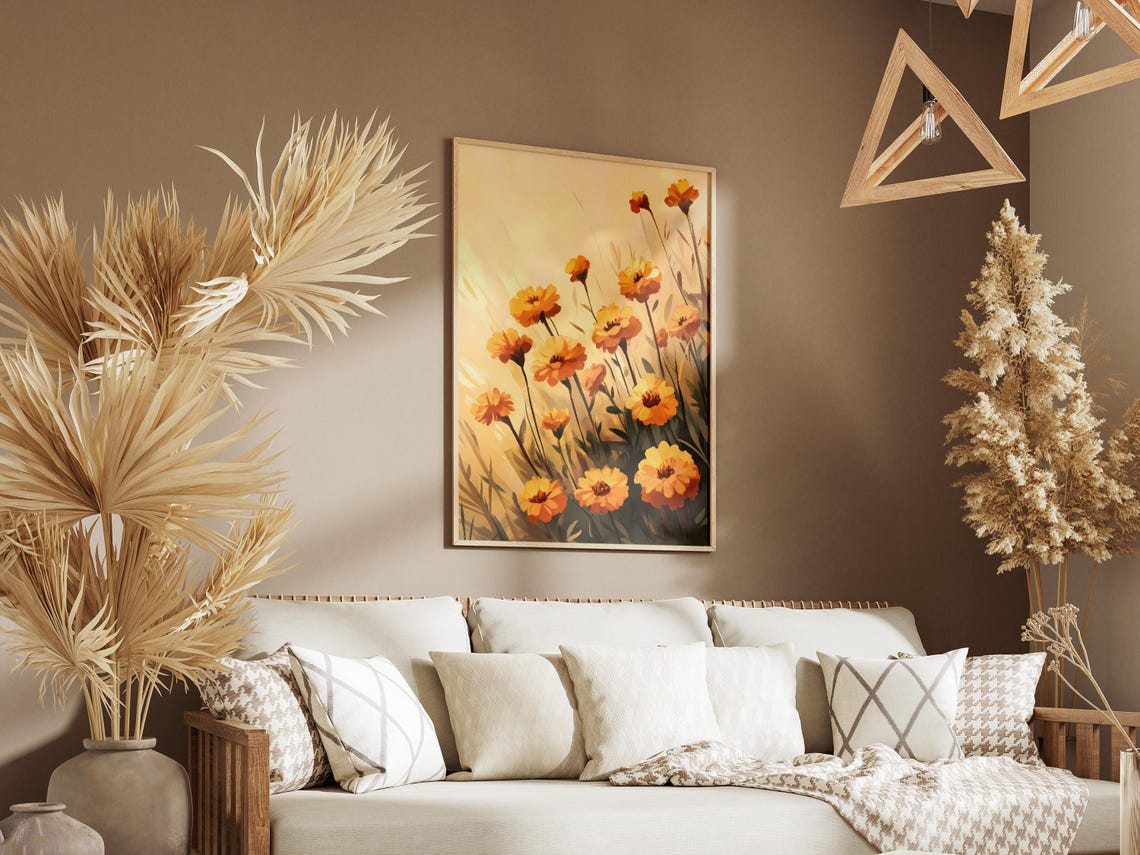 Golden Orange Marigold Flowers Poster in a Warm Backlit Meadow - Image 3