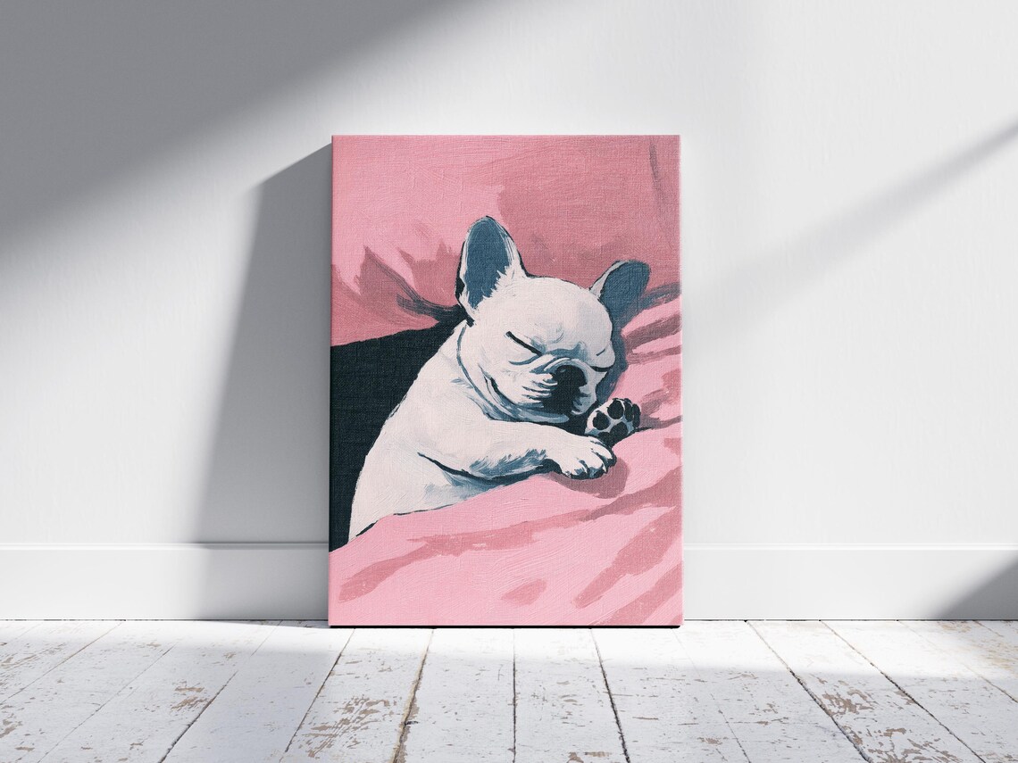 White French Bulldog Puppy Sleeping Peacefully on Pink Bedding Art Poster - Image 2