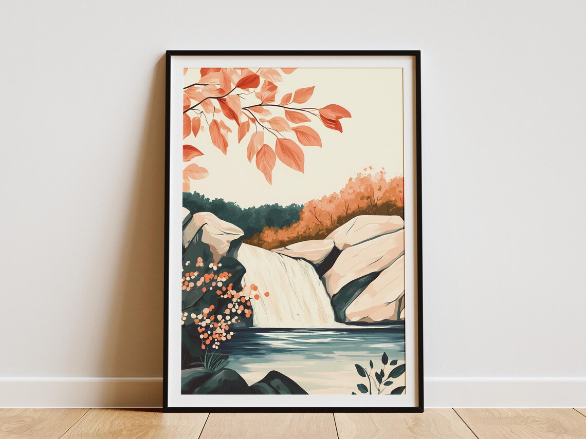 Waterfall Forest Poster Nature Art Print Calm Waterfall Forest Landscape Modern Nature Decor Peaceful Waterfall Scene Tranquil Forest Print
