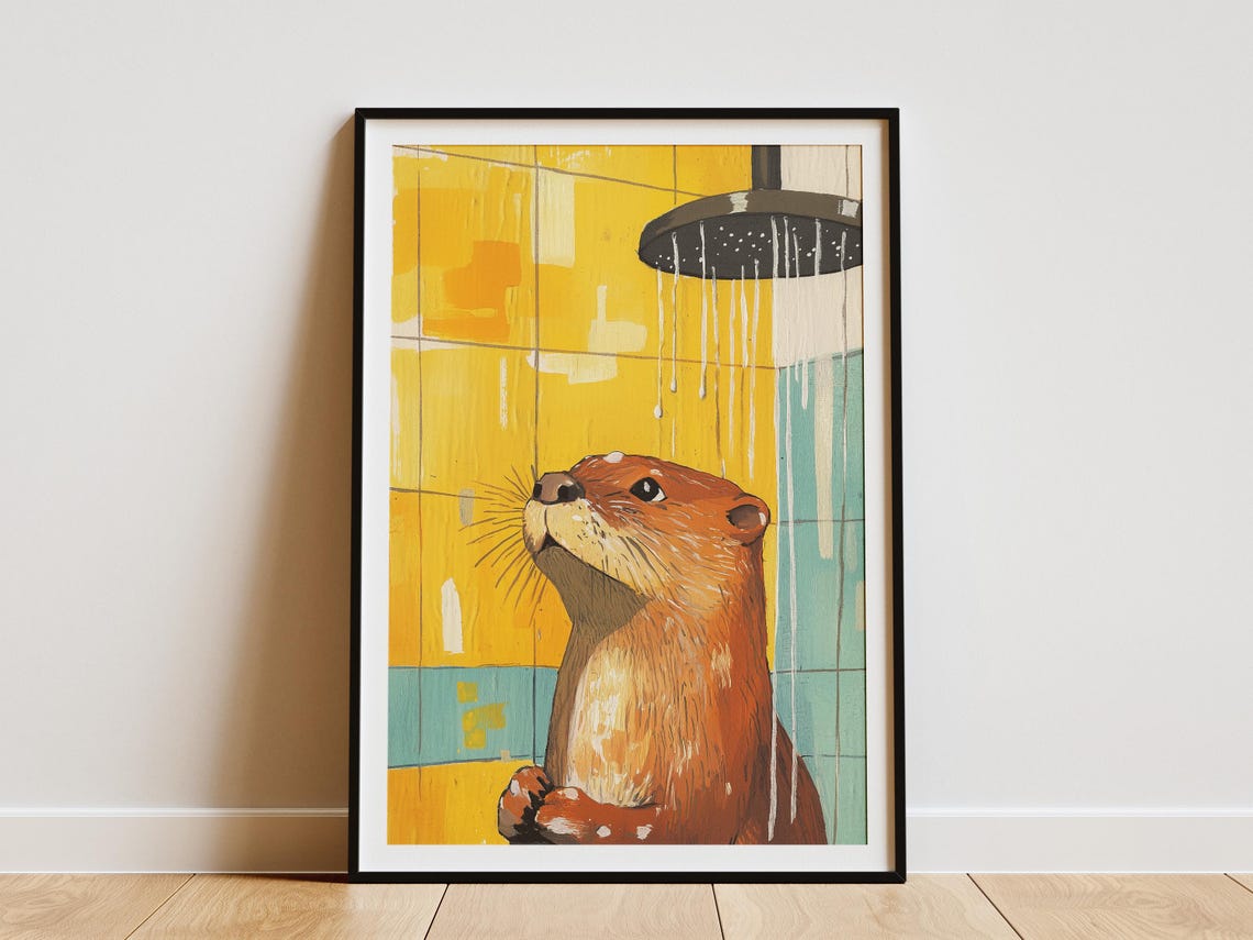 Otter Enjoying Running Shower Yellow Tile Bathroom Fun Poster