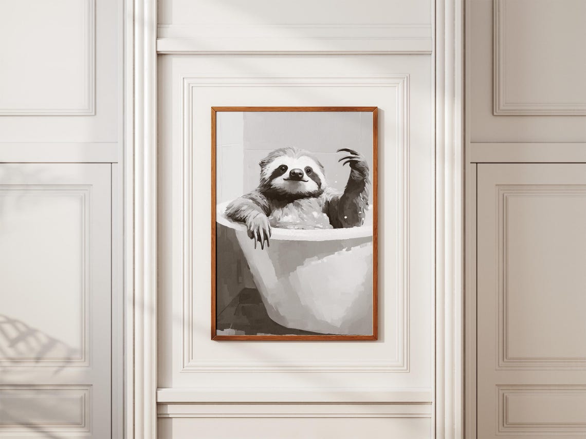 Sloth Taking A Bubble Bath Poster Print Funny Animal Bathroom Wall Art Minimalist Cute Gift - Image 2