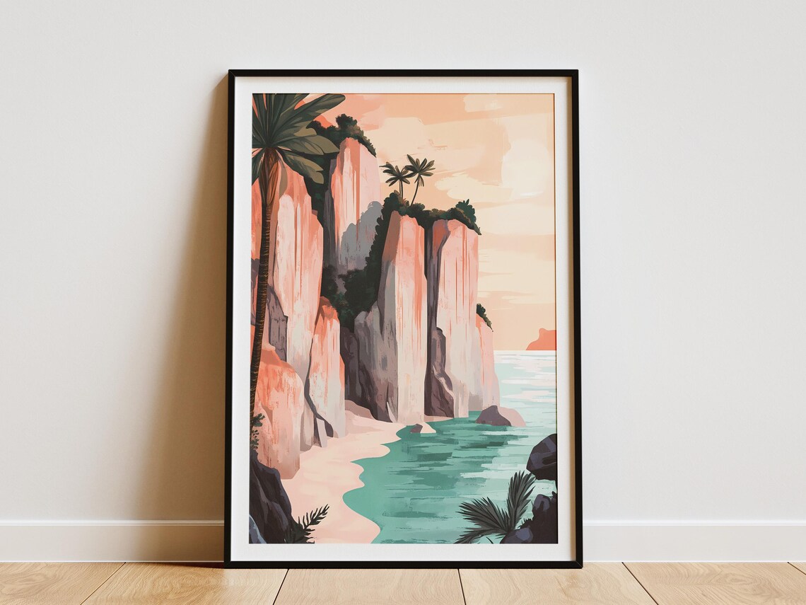 Pink Cliffs And Palm Cove With Turquoise Sea Tropical Poster
