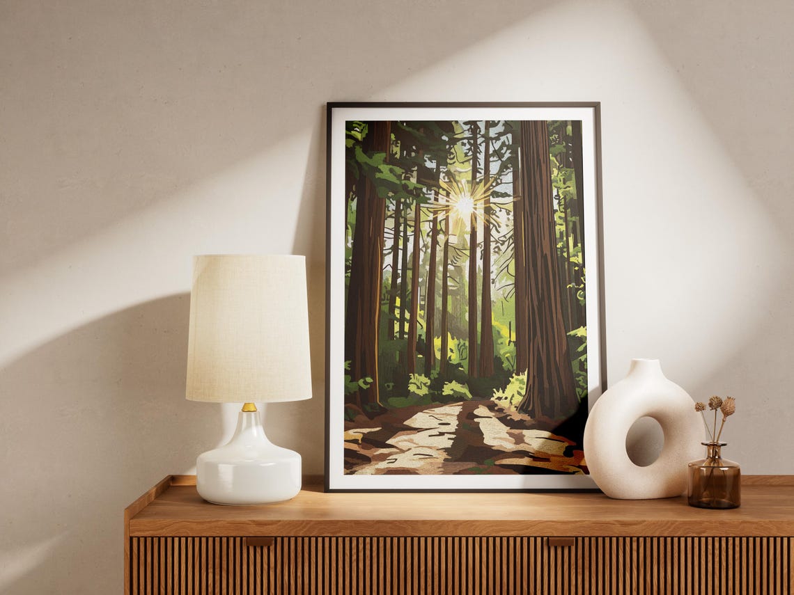 Sunbeam Redwood Forest Trail Giant Tall Trees Scenic Art Poster - Image 4
