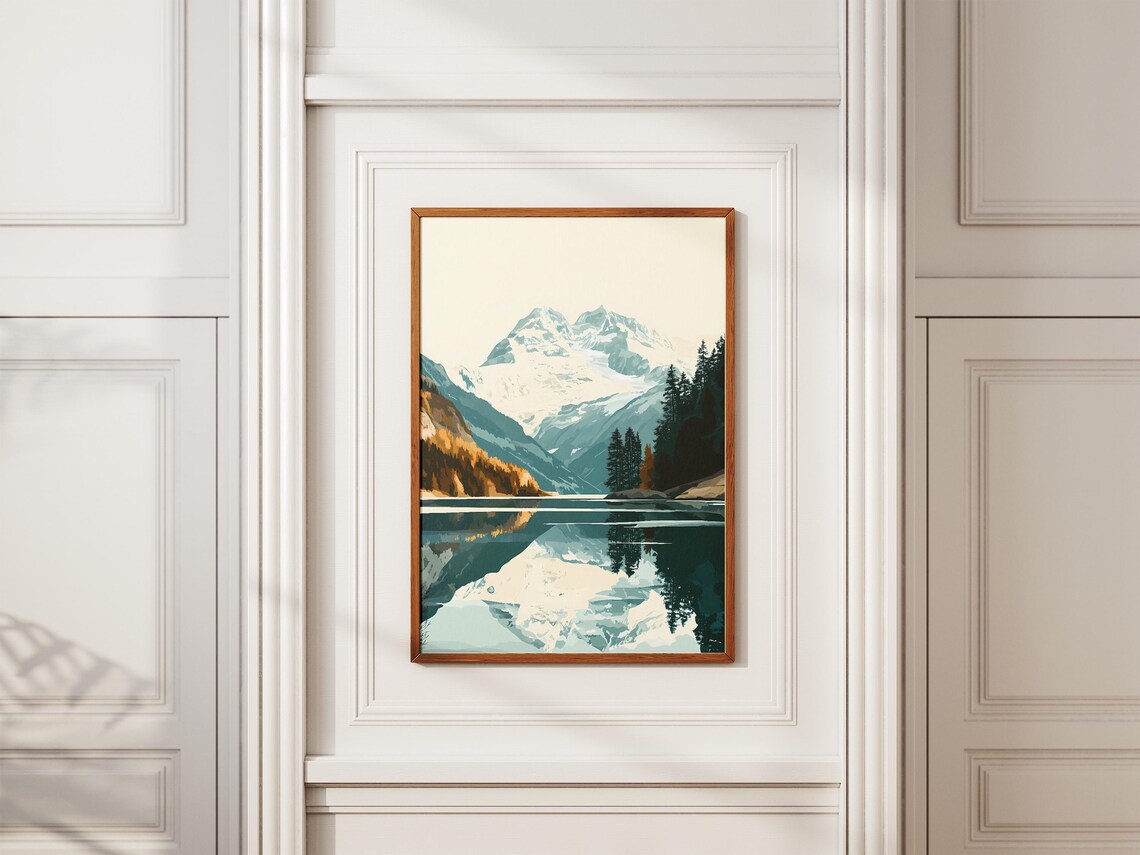 Snowy Mountain Peak Reflected In A Calm Alpine Lake Travel Poster - Image 2