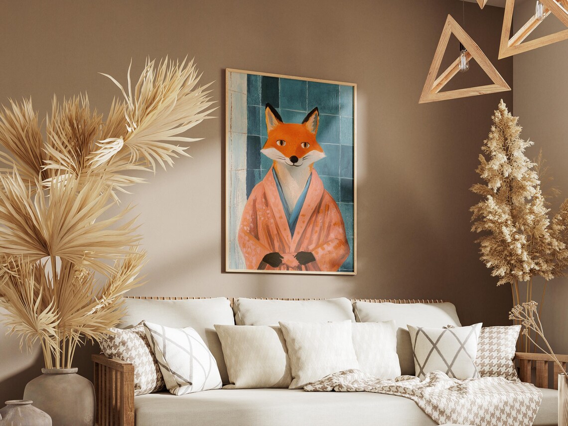 Orange Fox In Bathrobe Against Blue Tiles Modern Animal Poster - Image 3
