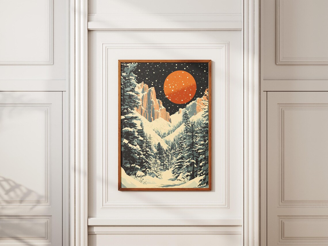Snowy Canyon Under Orange Moon Winter Night Landscape Art Poster - Image 2