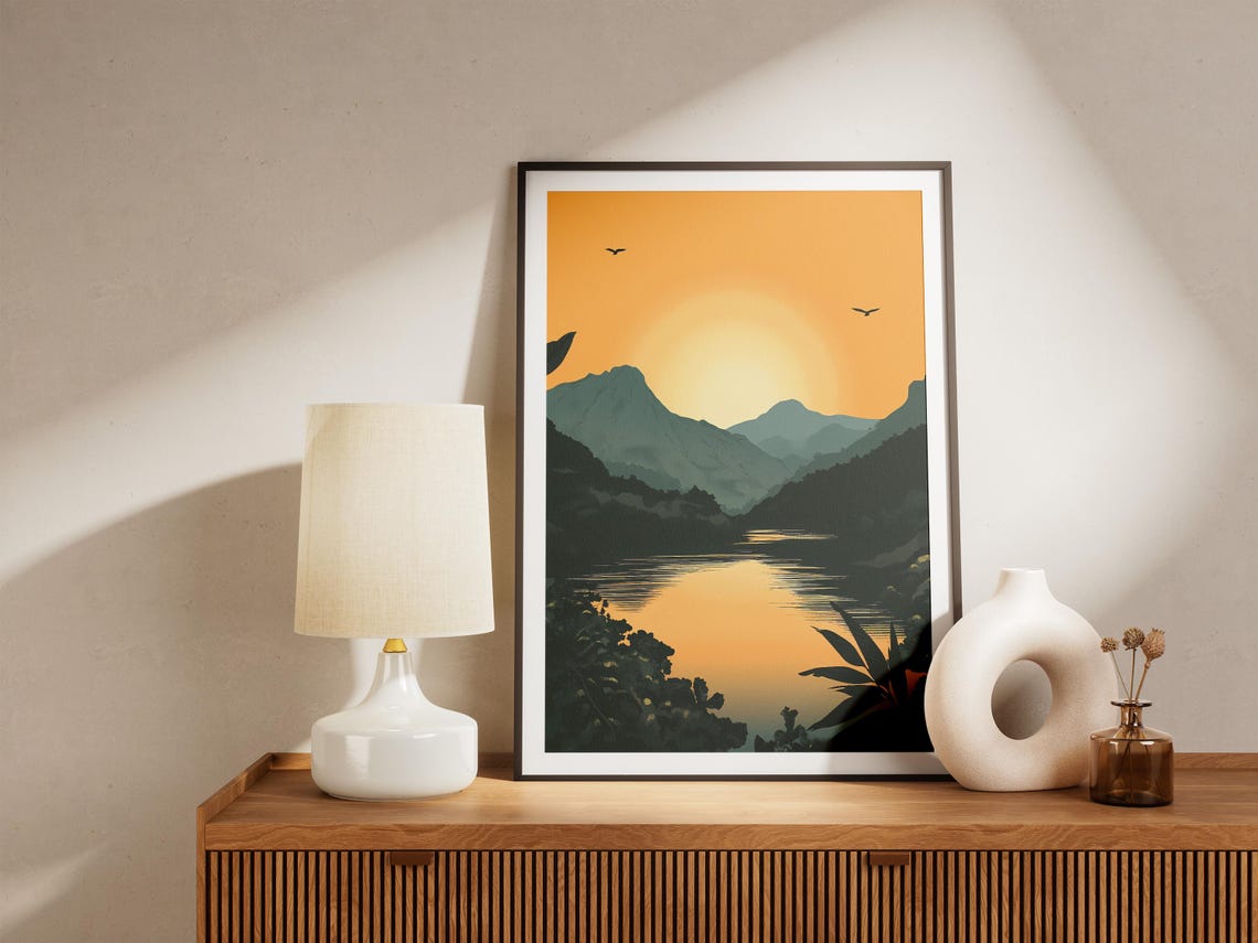 Golden Sunset Mountain Lake Silhouettes Birds Serene Nature Poster - Image 5