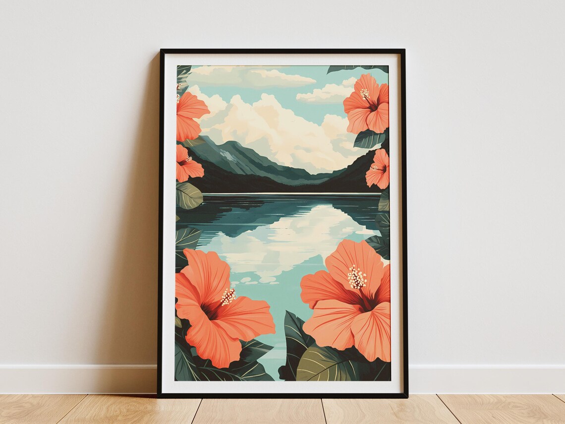 Coral Hibiscus Lake Mountain Landscape Tropical Scenic Poster