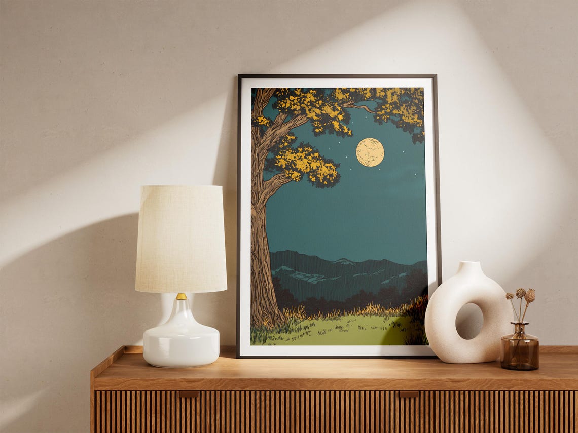 Full Moon Night Landscape Tree Mountains Serene Woodland Art Poster - Image 4