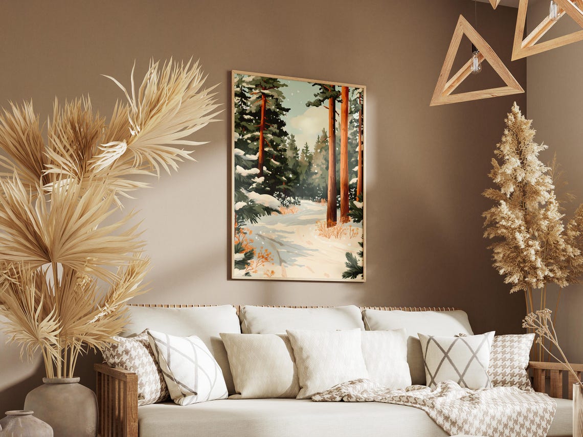 Snowy Winter Path Between Orange Pines Rustic Cozy Cabin Poster - Image 3