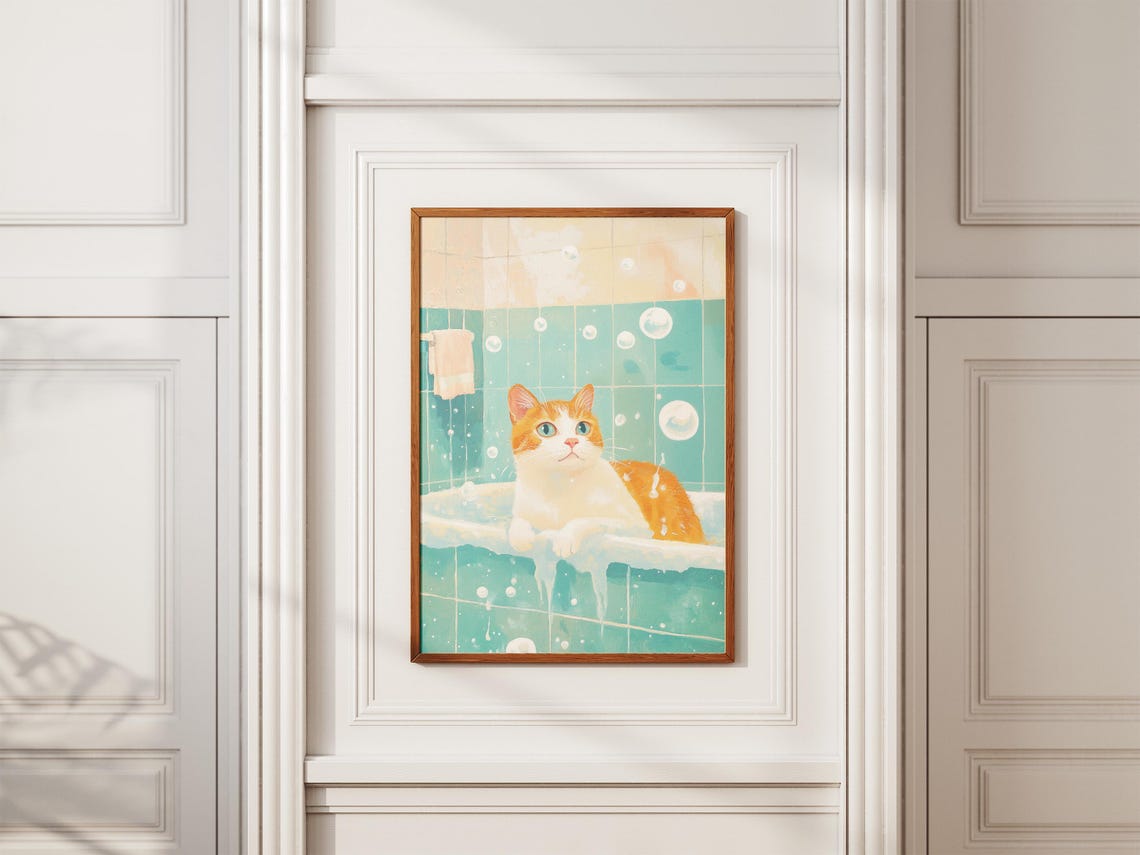 Orange and White Cat in Foamy Bubble Bath Teal Tile Cute Cat Poster - Image 2